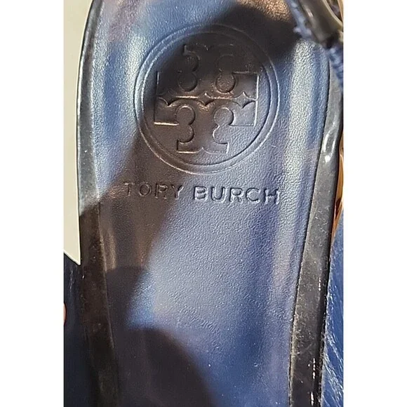 Tory Burch Navy Blue Patent Rope Bow Wedge Slingback Peep Toe Sandals Womens 10 - Picture 5 of 11